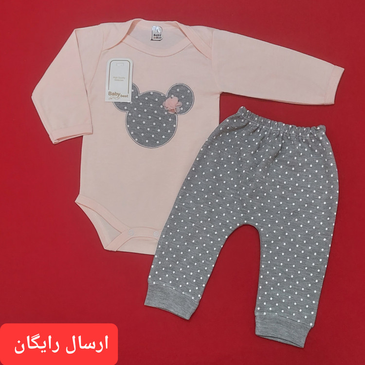 لباس نوزادی دو تکه طرح میکی موس گلبهی طوسی ( با ارسال رایگان به سراسرکشور ) سایز 1 و 2