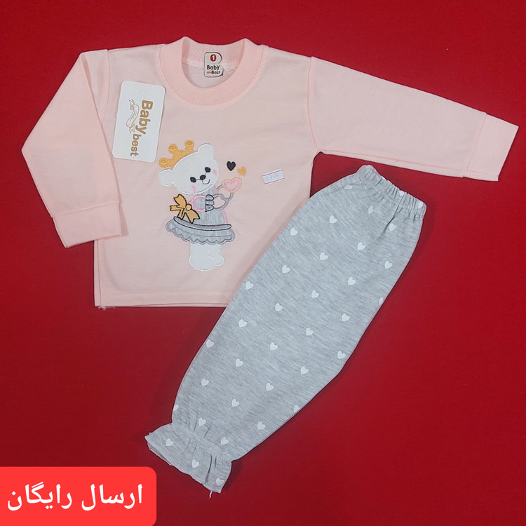 لباس نوزادی بلوز شلوار شیک دخترونه طرح خرس تاج دار سایز 1 و 2 ( با ارسال رایگان )