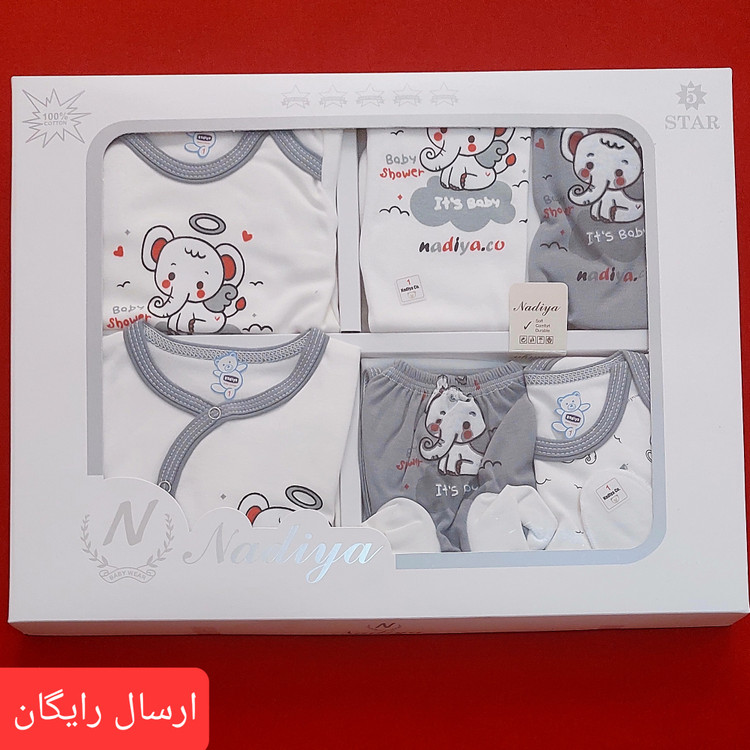 ست 19 تکه بیمارستانی نوزادی پنج ستاره قواره دار جنس تمام پنبه خالص ( با ارسال رایگان ) سایز 1 طرح فیل بالدار
