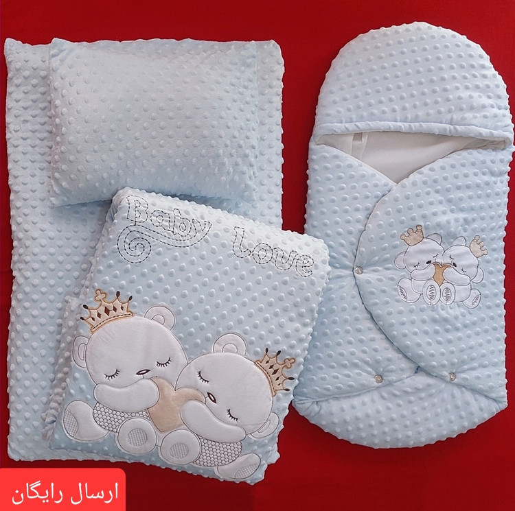 سرویس خواب نوزادی 4 تکه طرح دو خرس مهربون شامل تشک ، پتو ، بالشت و قنداق فرنگی رنگ صورتی ، آبی و طوسی با ارسال رایگان