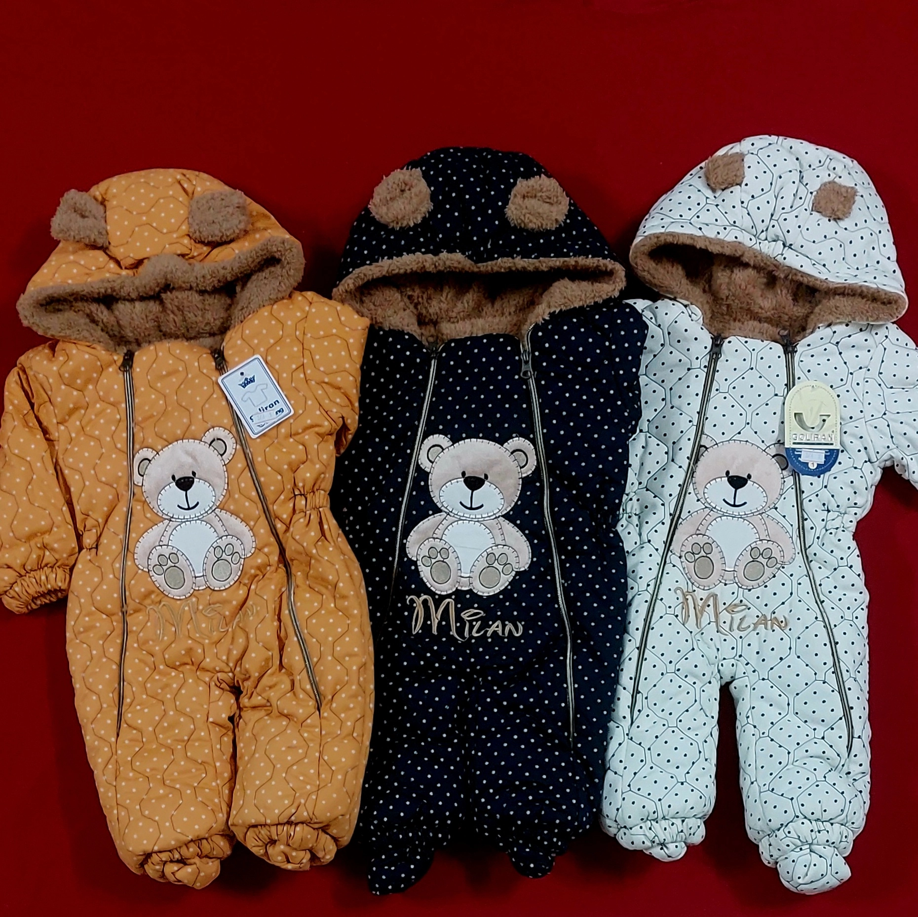 کاپشن سرهمی نوزادی طرح خرس در سه رنگ جذاب سرمه ای ، خردلی و سفید ( سایز 1 و2 ) با ارسال رایگان به سراسرکشور