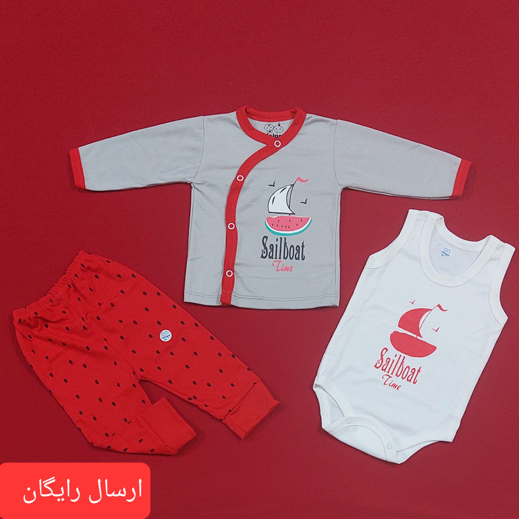 لباس یلدا نوزادی سه تکه طرح هندونه سایز 1 ، 2 و 3 ( با ارسال رایگان به سراسرکشور )