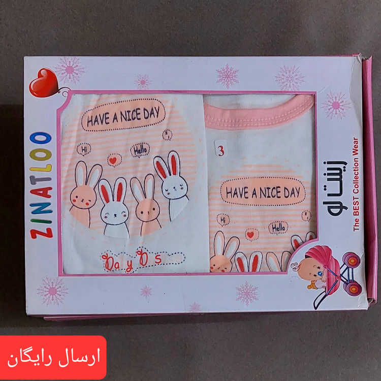 لباس نوزادی جعبه ای پنج تکه طرح خرگوش بازیگوش در دو رنگ جذاب گلبهی و آبی ( با ارسال رایگان به سراسرکشور )
