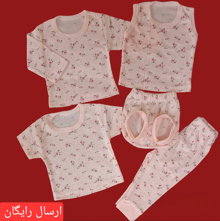ست لباس نوزادی پنج تکه گل گلی گلبهی رنگ سایز 1،2و3 ( ارسال رایگان به سراسرکشور)