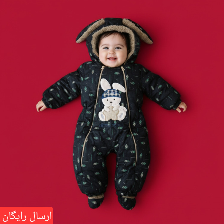 کاپشن سرهمی نوزادی طرح خرگوش داخل خزدار سایز ۳ و۴ (ارسال رایگان)