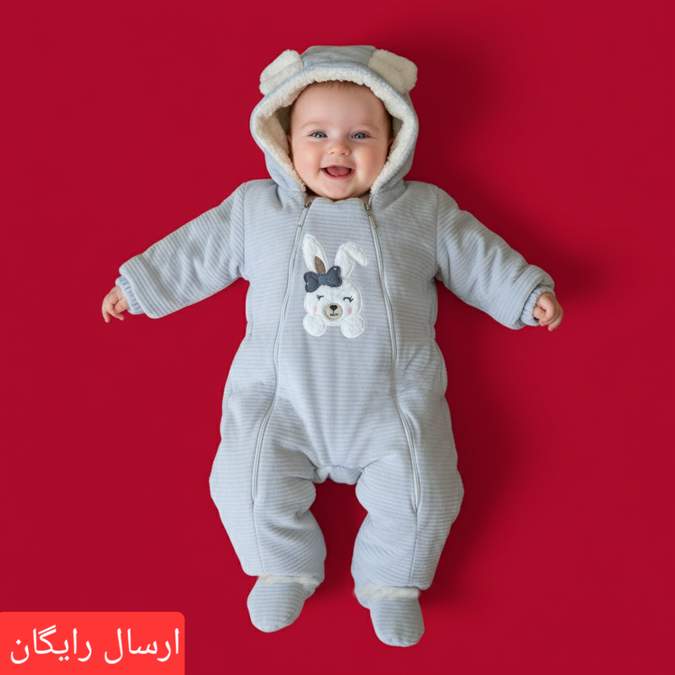 کاپشن سرهمی نوزادی طرح خرگوش جنس مخمل سایز۳و۴ (ارسال رایگان)
