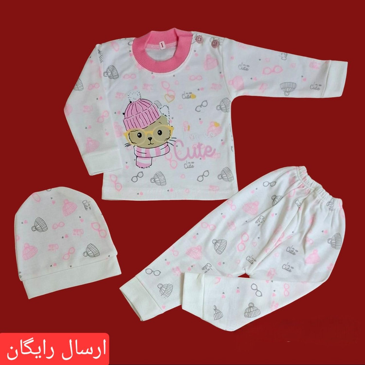 لباس نوزادی سه تکه طرح گربه (ارسال رایگان)
