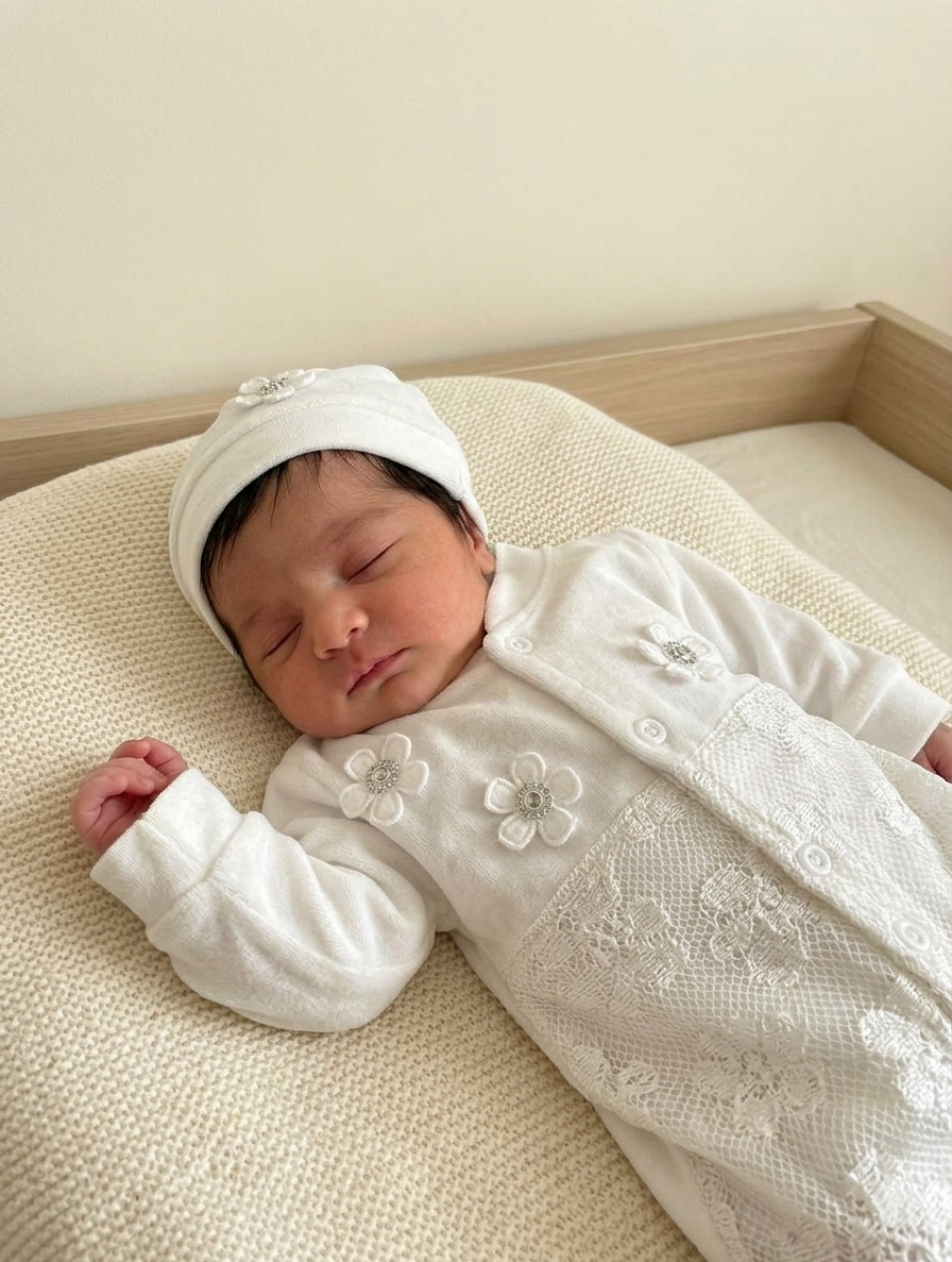 سرهمی نوزادی پاییزه جنس مخمل طرح شکوفه سفید